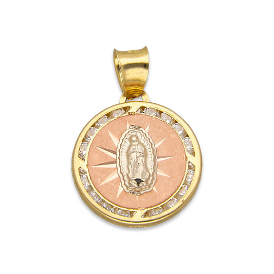 LPDJAU016 Dije Medalla Oro Sólido 10K Virgen Fondo Rosa con Zirconias 1.6 cm x 2.3 cm 5277311948
