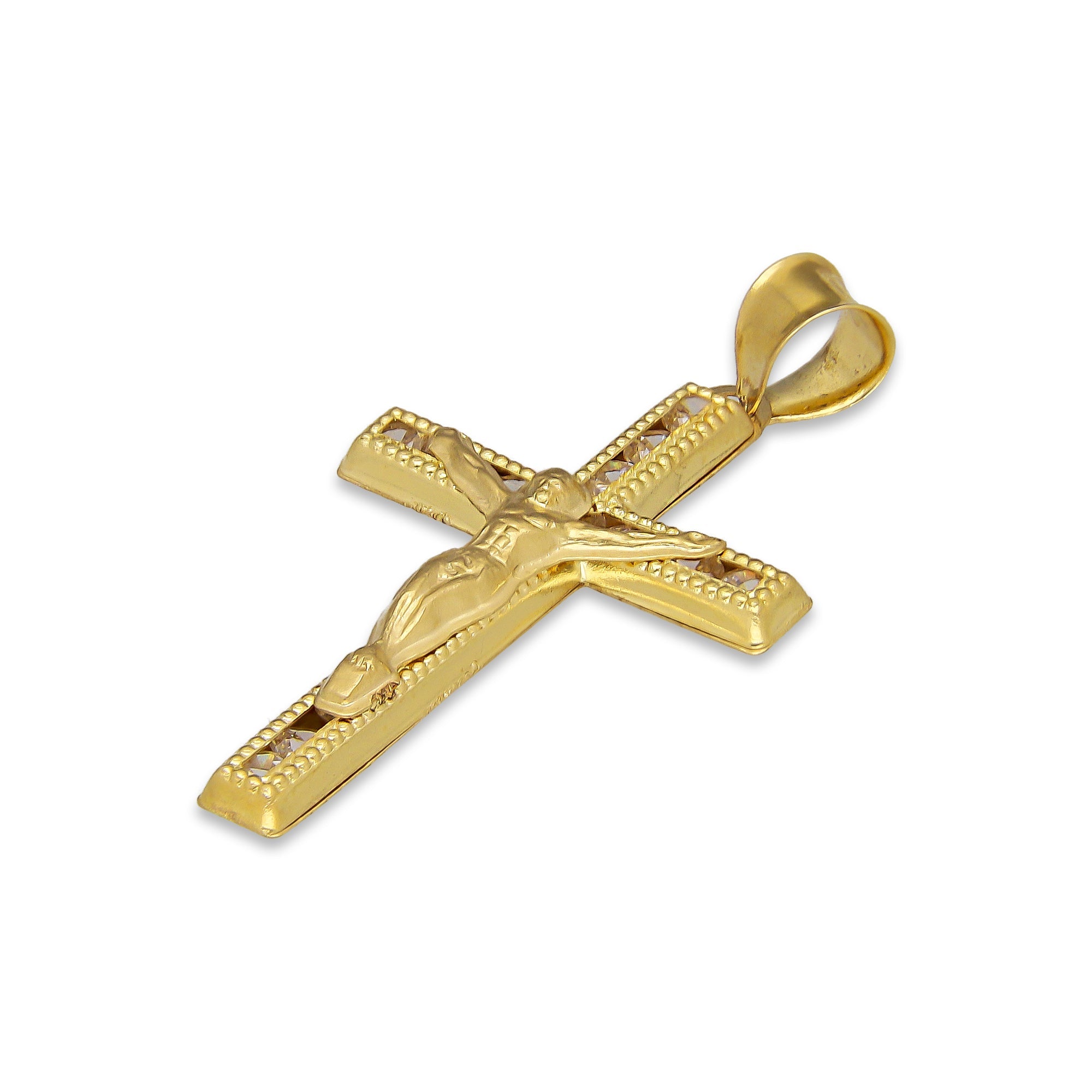 LPDJAU017 Dije Crucifijo Oro Sólido 10K Cruz Recta con Cristo con Zirconias 1.9 cm x 3.6 cm 5277235452
