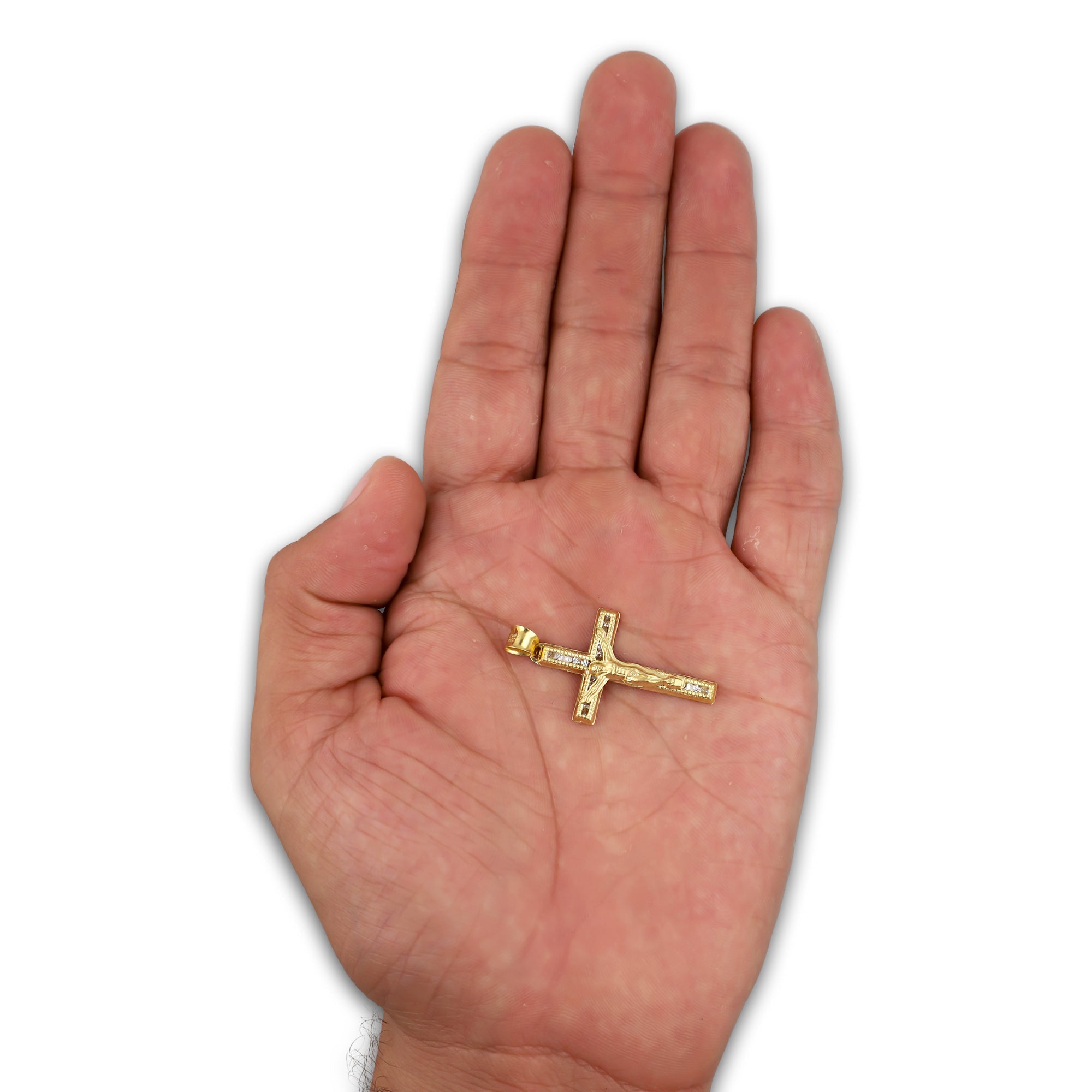 LPDJAU017 Dije Crucifijo Oro Sólido 10K Cruz Recta con Cristo con Zirconias 1.9 cm x 3.6 cm 5277235452