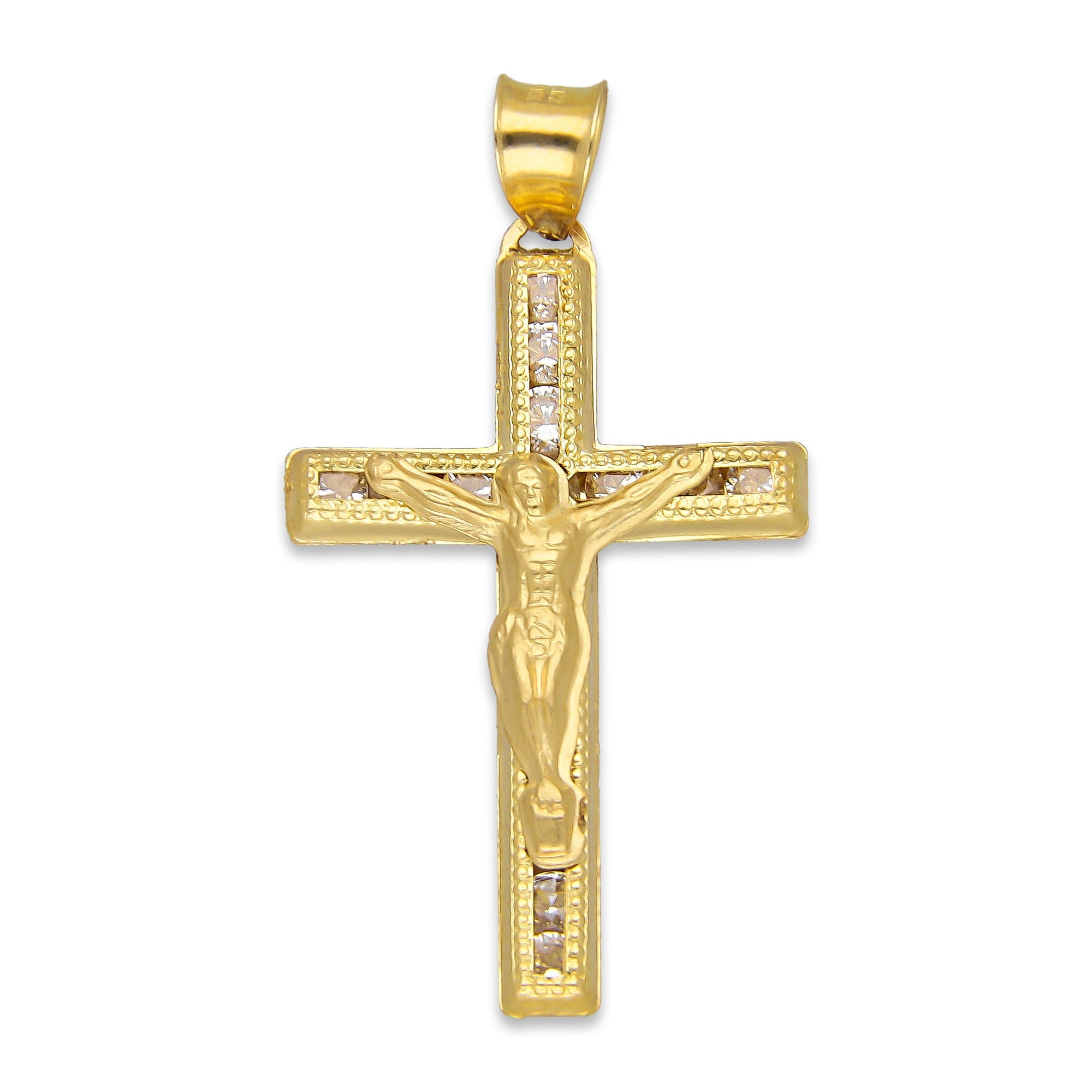 LPDJAU017 Dije Crucifijo Oro Sólido 10K Cruz Recta con Cristo con Zirconias 1.9 cm x 3.6 cm 5277235452