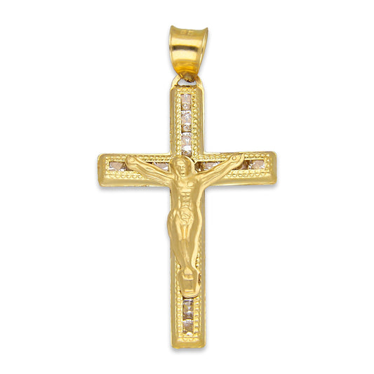 LPDJAU017 Dije Crucifijo Oro Sólido 10K Cruz Recta con Cristo con Zirconias 1.9 cm x 3.6 cm 5277235452
