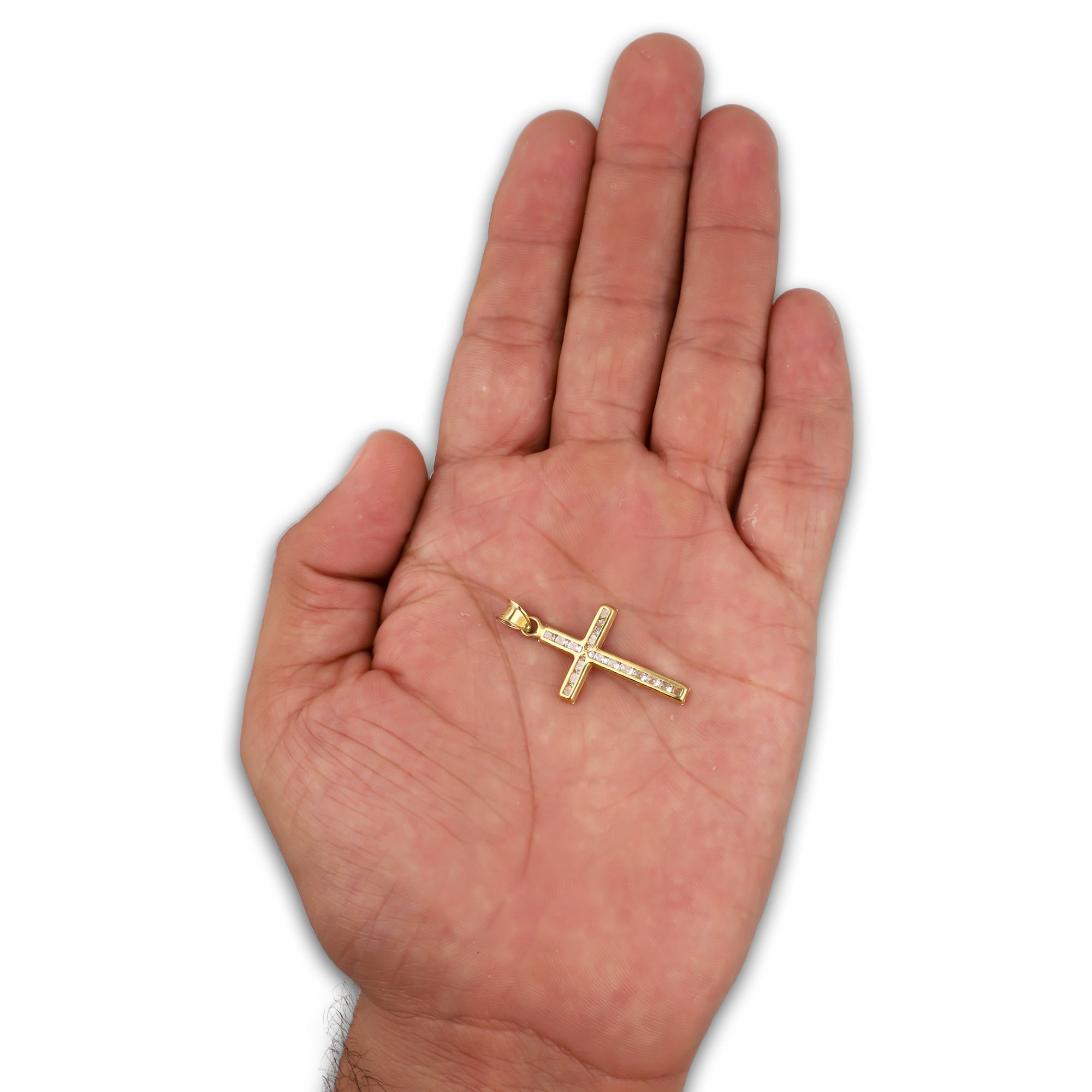 LPDJAU019 Dije Crucifijo Oro Sólido 10K Cruz Recta sin Cristo con Zirconia 1.7 cm x 3.4 cm 5277311966