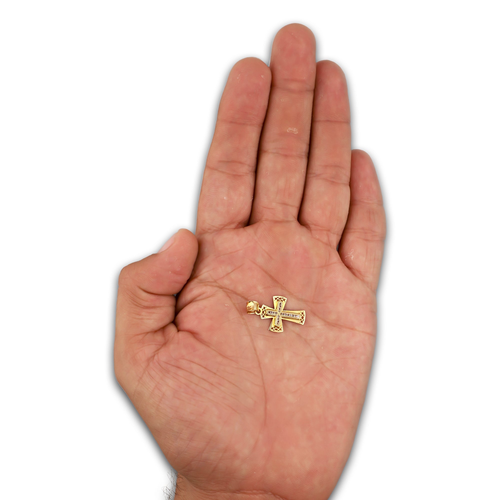 LPDJAU021 Dije Crucifijo Oro Sólido 10K Cruz Excéntrica Orillas Caladas con Zirconias 1.3 cm x 2.3 cm 5277479980