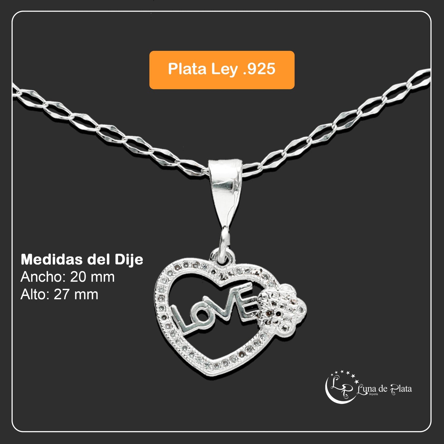 LPDP037 Dije Corazón Love F + Cadena 45 cm + Regalo Plata .925 Taxco Gro 1381088924