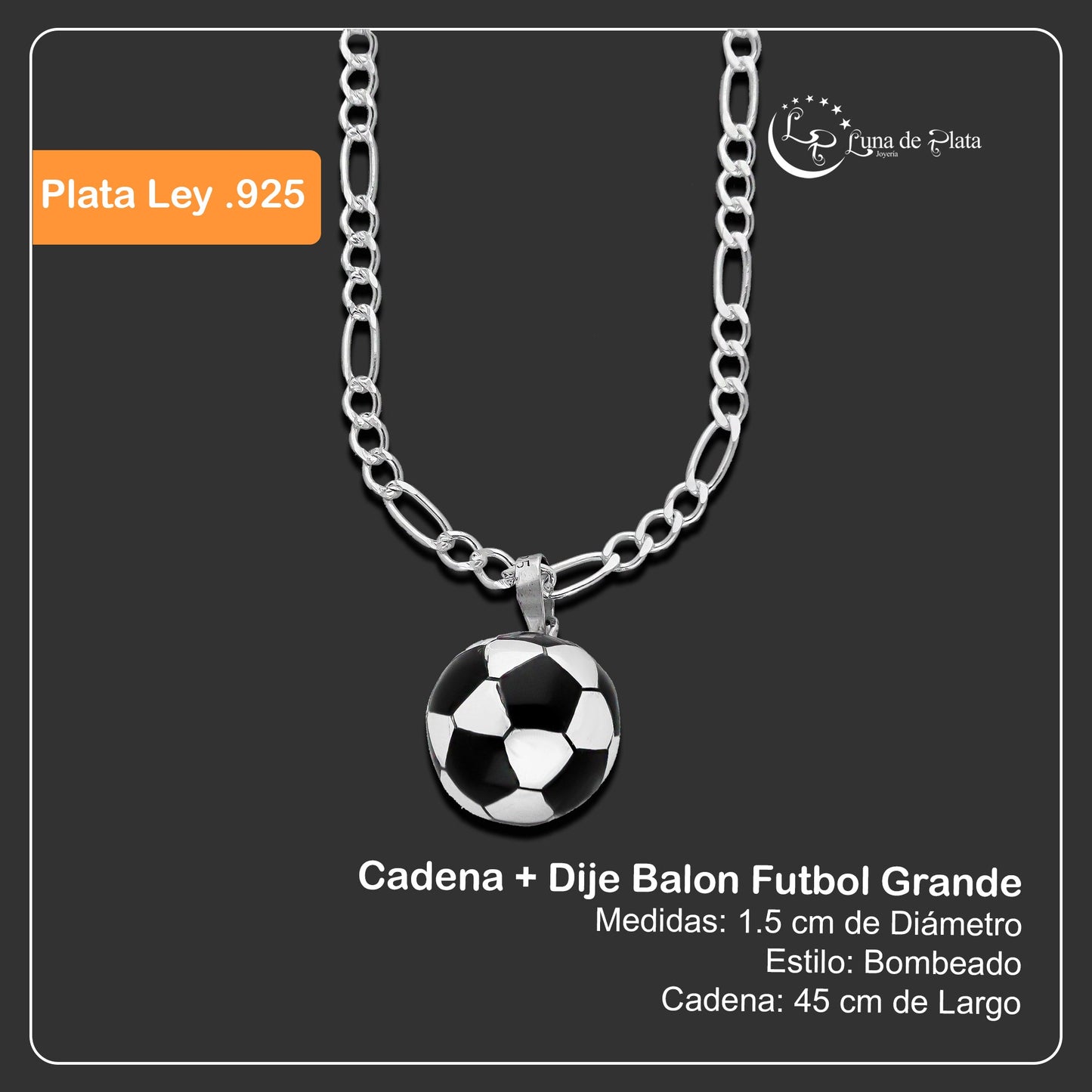 LPDP124 Dije Balon Futbol Grande + Cadena 45 en Plata .925 Taxco Gro 4432615914