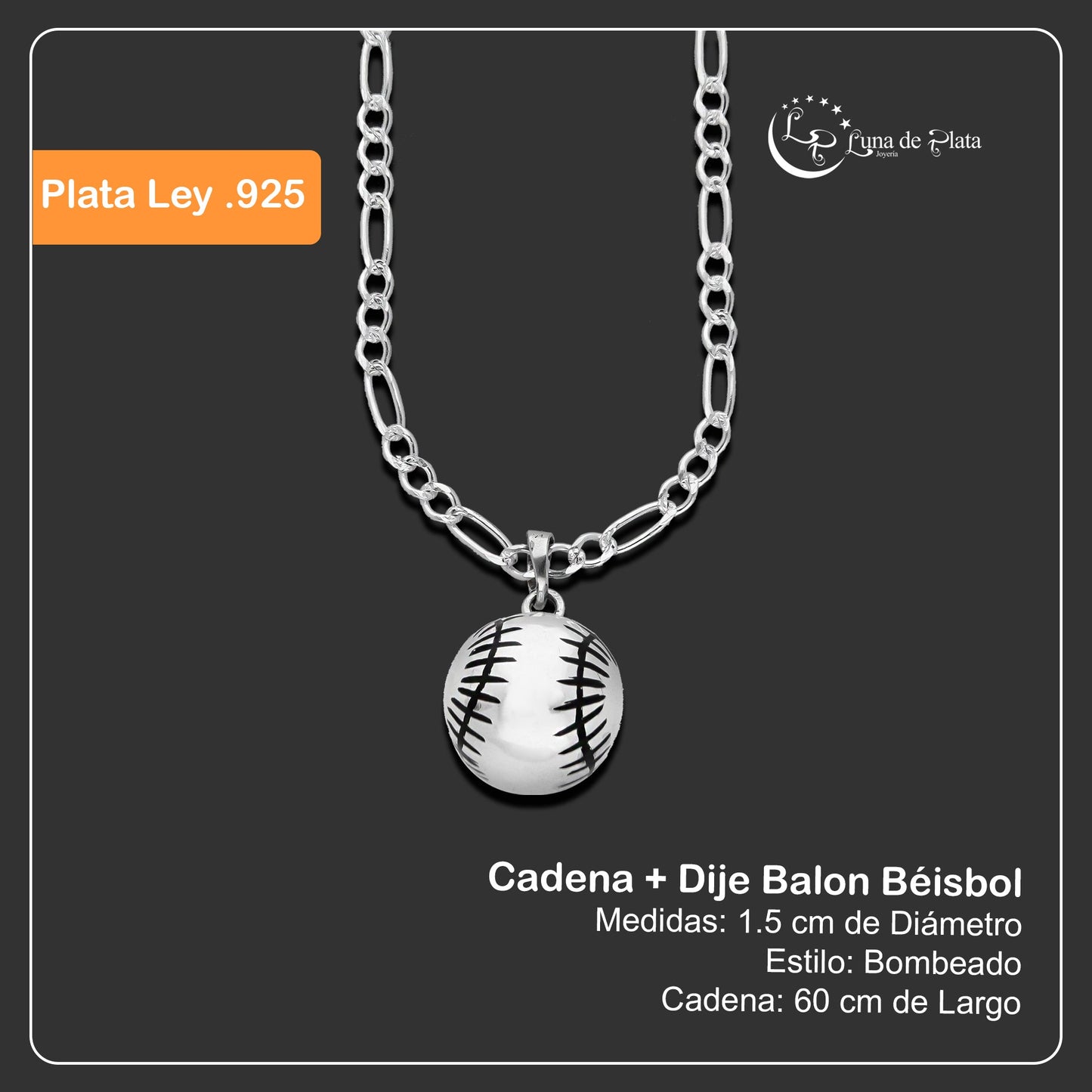 LPDP127 Dije Pelota Beisbol + Cadena 60 en Plata .925 Taxco Gro 2591105095