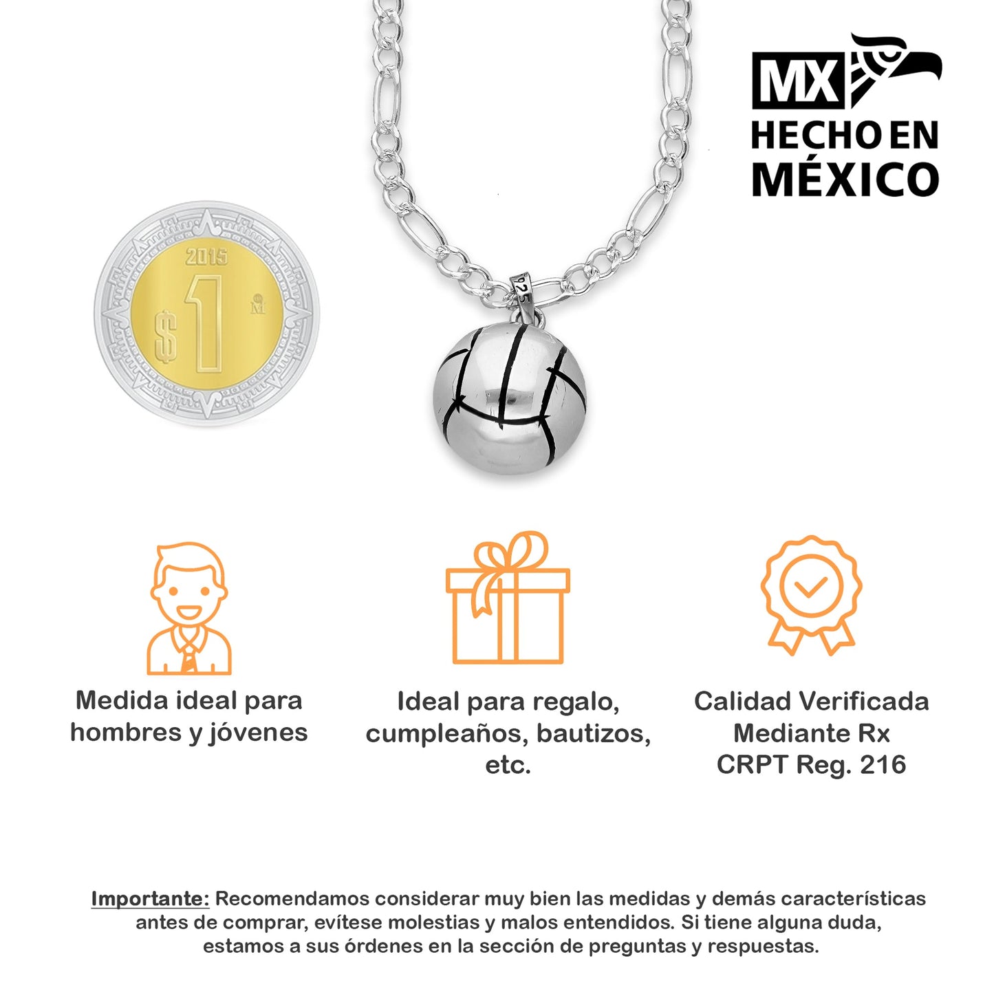 LPDP128 Dije Balon Voleibol + Cadena 45 en Plata .925 Taxco Gro 4432286798