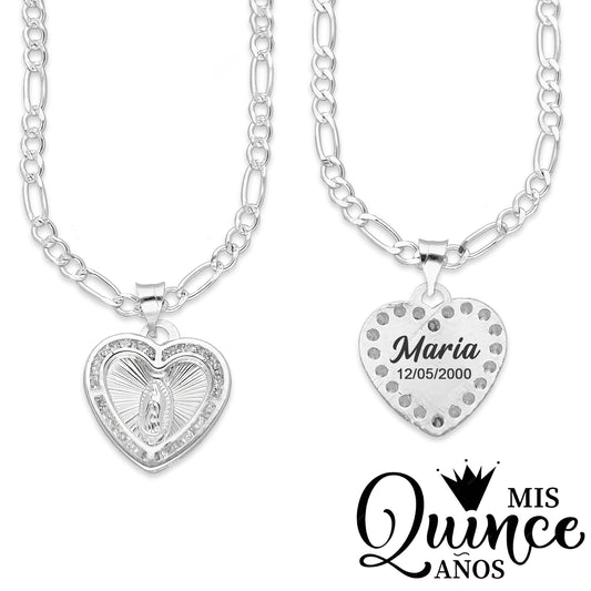 LPDP130 Cadena + Dije Medalla Corazón Virgen Quince años Grabado Lasser en Plata .925 4435339720