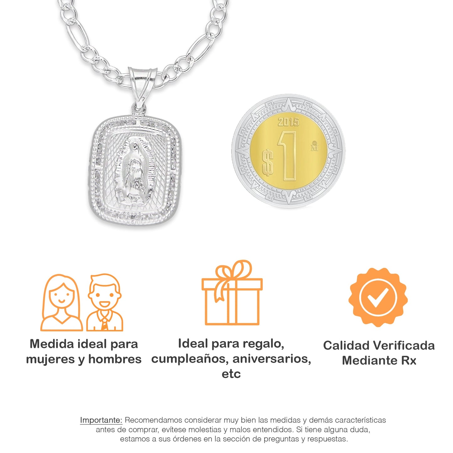 LPDP131 Cadena + Dije Medalla Virgen Rectangulo con Grabado Lasser Plata .925 2592716609