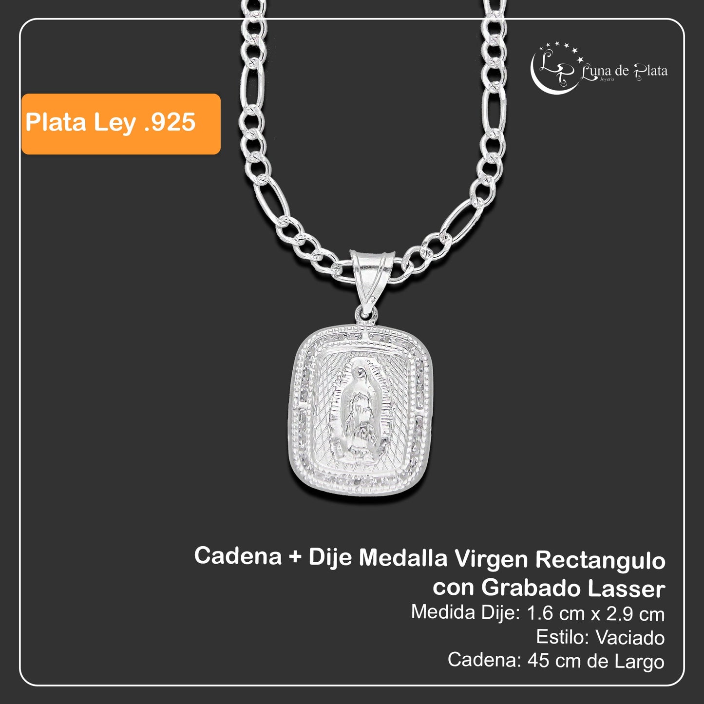 LPDP131 Cadena + Dije Medalla Virgen Rectangulo con Grabado Lasser Plata .925 2592716609