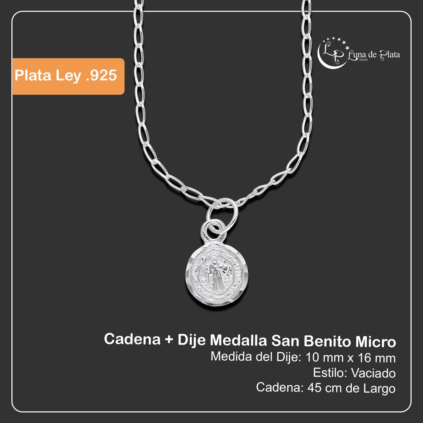 LPDP132 Cadena + Dije Medalla San Benito Micro en Plata .925 2594331023