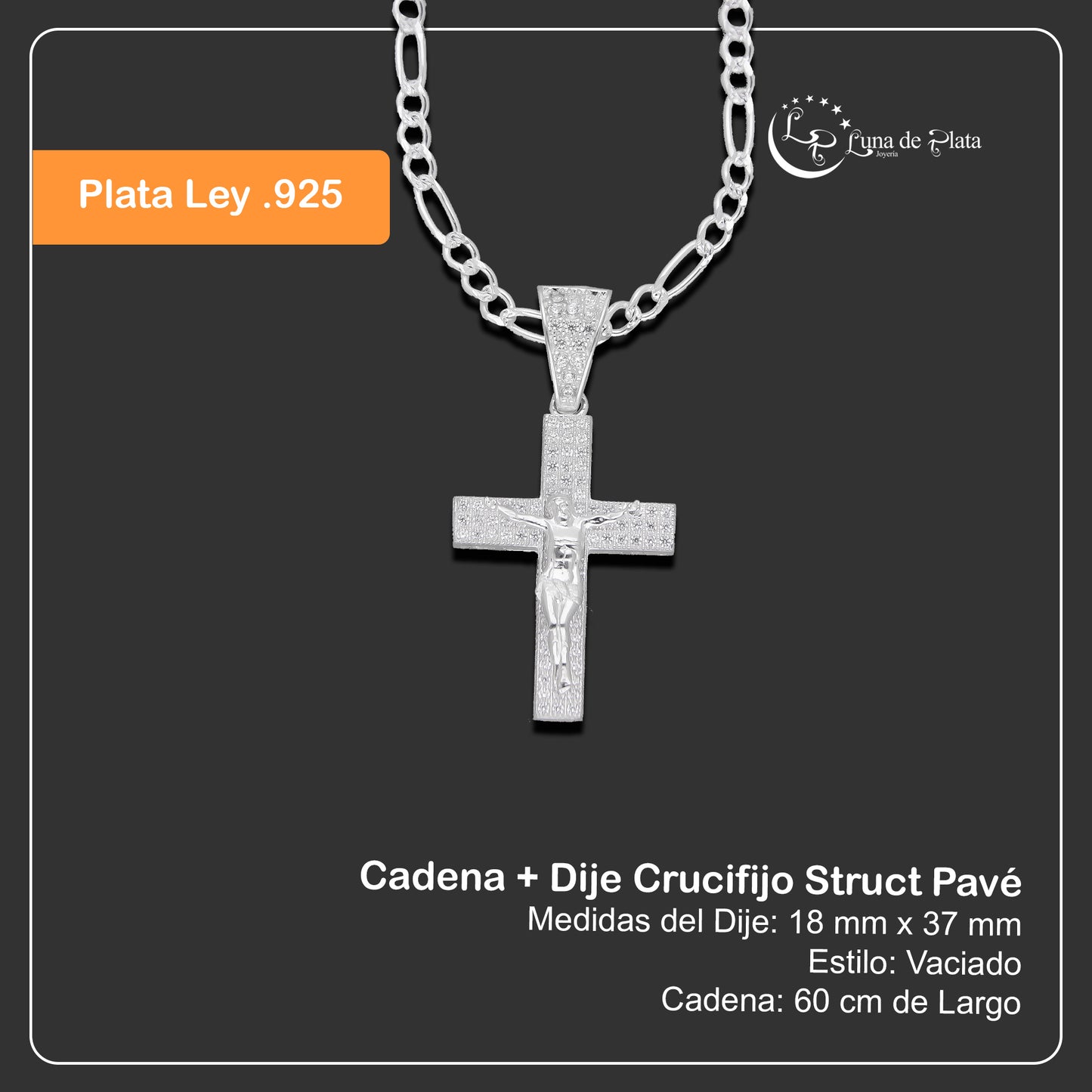 LPDP136 Cadena + Dije Crucifijo Struct Pavé 1.8 cm x 3.7 cm en Plata .925 2600999315