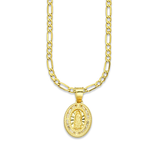 LPDPAU007 Cadena Oro Sólido 10K + Dije Medalla Oro Sólido 10K Virgen Oval Zirc Perl .9 cm x 1.7 cm