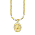 LPDPAU008 Cadena Oro Sólido 10K + Dije Medalla Oro Sólido 10K Virgen Oval con Zirconias Grecas Florentino 1.4 cm x 2.3 cm