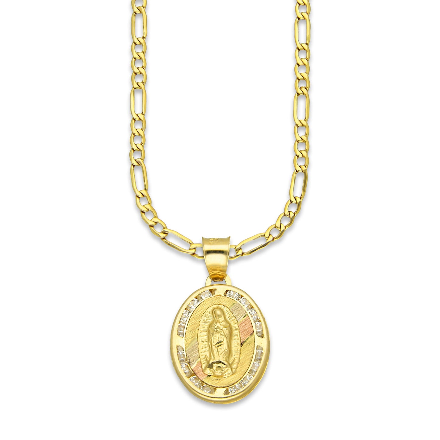 LPDPAU009 Cadena Oro Sólido 10K + Dije Medalla Oro Sólido 10K Virgen Oval con Zirconias Abultado Florentino 1.4 cm x 2.4 cm