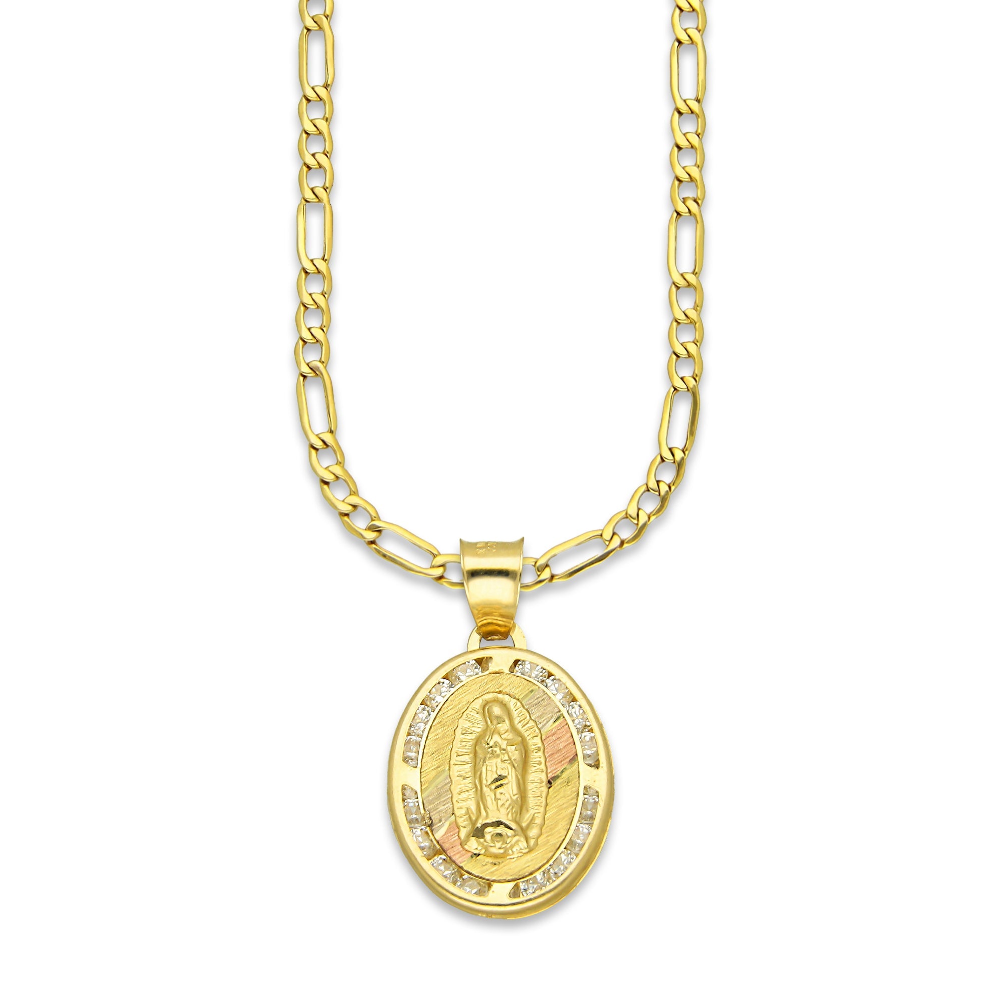 LPDPAU009 Cadena Oro Sólido 10K + Dije Medalla Oro Sólido 10K Virgen Oval con Zirconias Abultado Florentino 1.4 cm x 2.4 cm