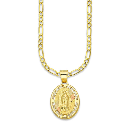 LPDPAU009 Cadena Oro Sólido 10K + Dije Medalla Oro Sólido 10K Virgen Oval con Zirconias Abultado Florentino 1.4 cm x 2.4 cm