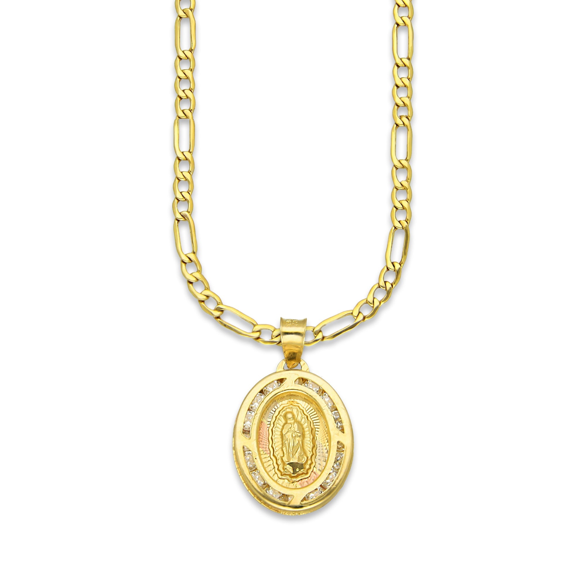 LPDPAU010 Cadena Oro Sólido 10K + Dije Medalla Oro Sólido 10K Virgen Oval con Zirconias Radial Florentino 1.2 cm x 2.1 cm