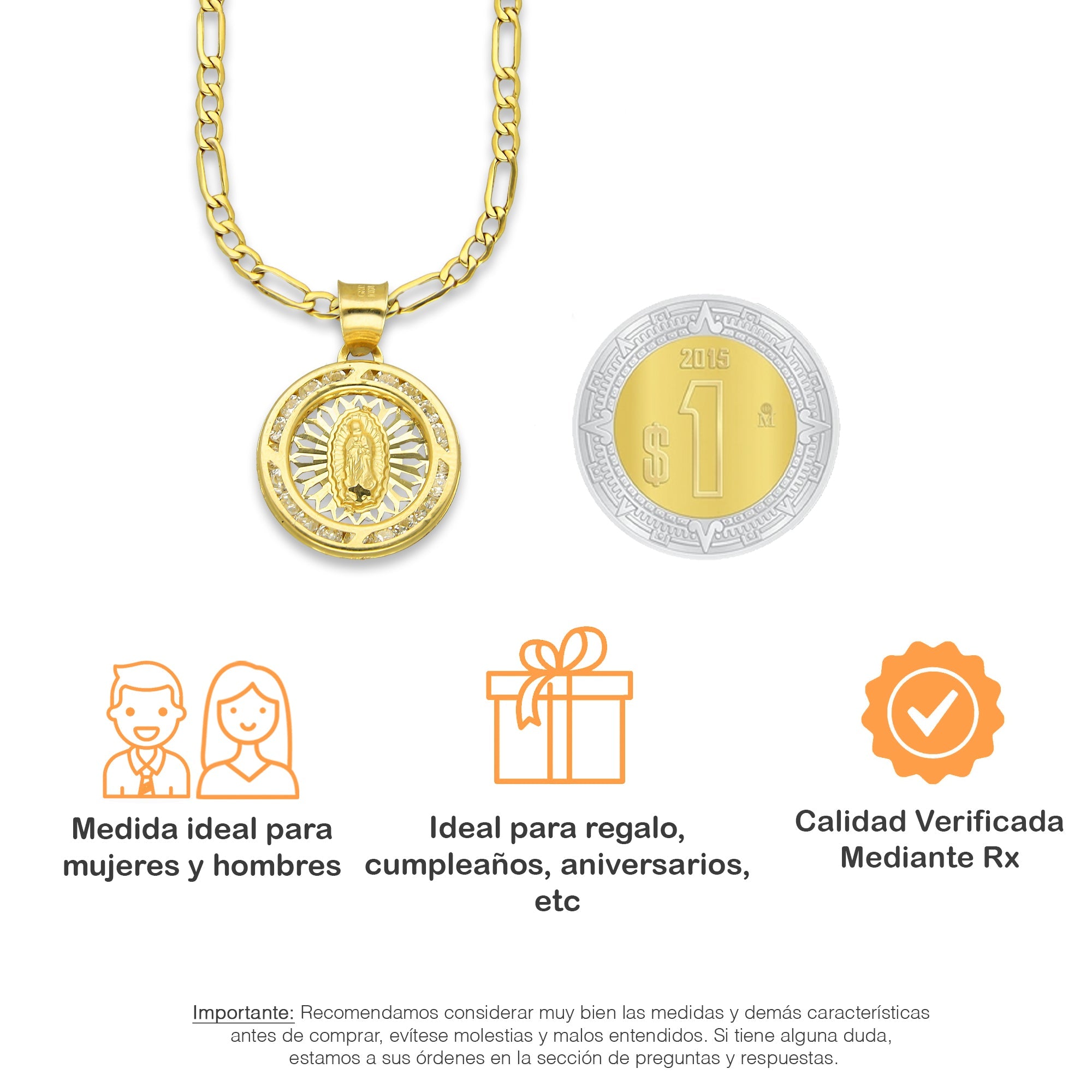 LPDPAU011 Cadena Oro Sólido 10K + Dije Medalla Oro Sólido 10K Virgen Redonda con Zirconias Radial Calado Amarillo 1.6 cm x 2.2 cm