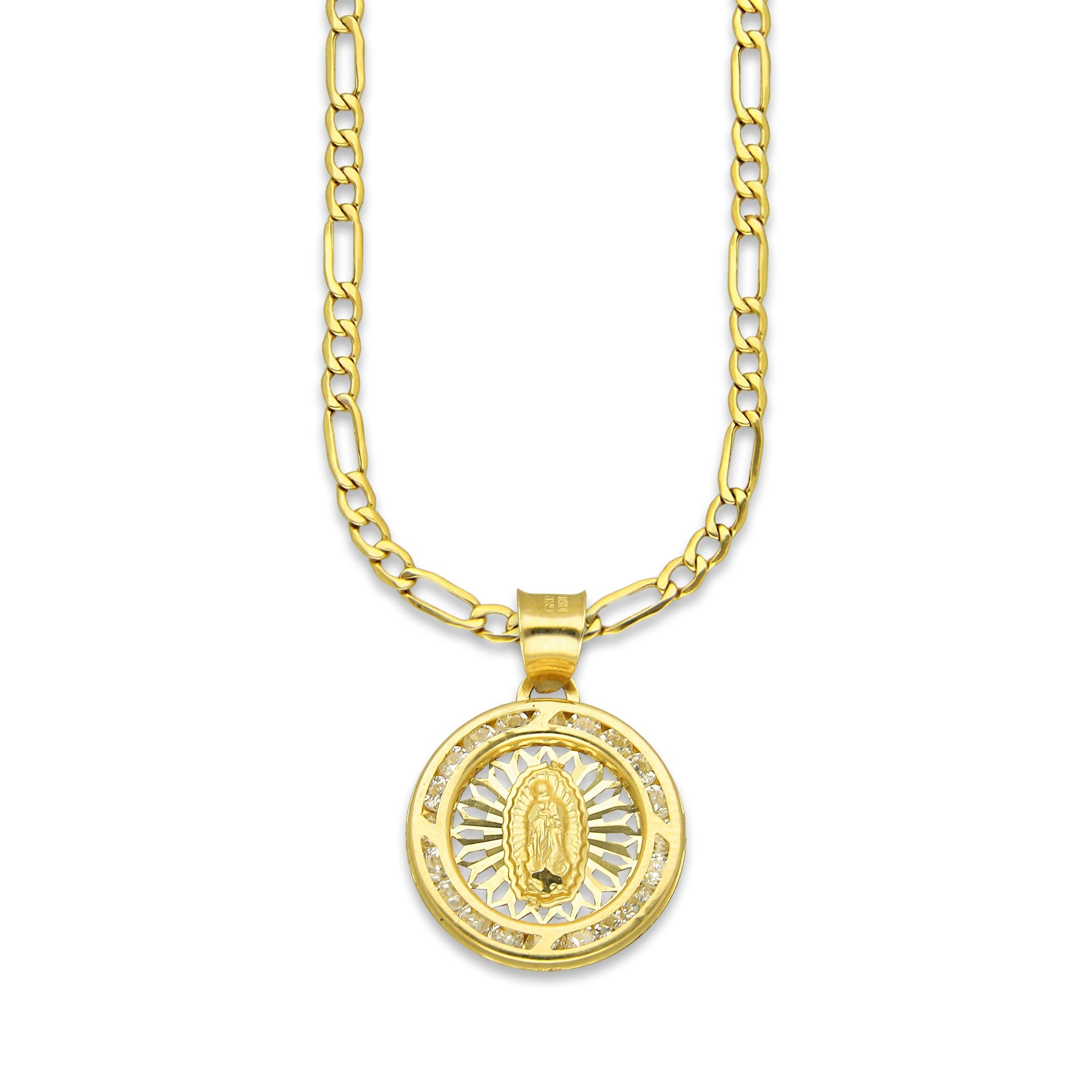 LPDPAU011 Cadena Oro Sólido 10K + Dije Medalla Oro Sólido 10K Virgen Redonda con Zirconias Radial Calado Amarillo 1.6 cm x 2.2 cm