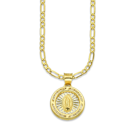 LPDPAU011 Cadena Oro Sólido 10K + Dije Medalla Oro Sólido 10K Virgen Redonda con Zirconias Radial Calado Amarillo 1.6 cm x 2.2 cm