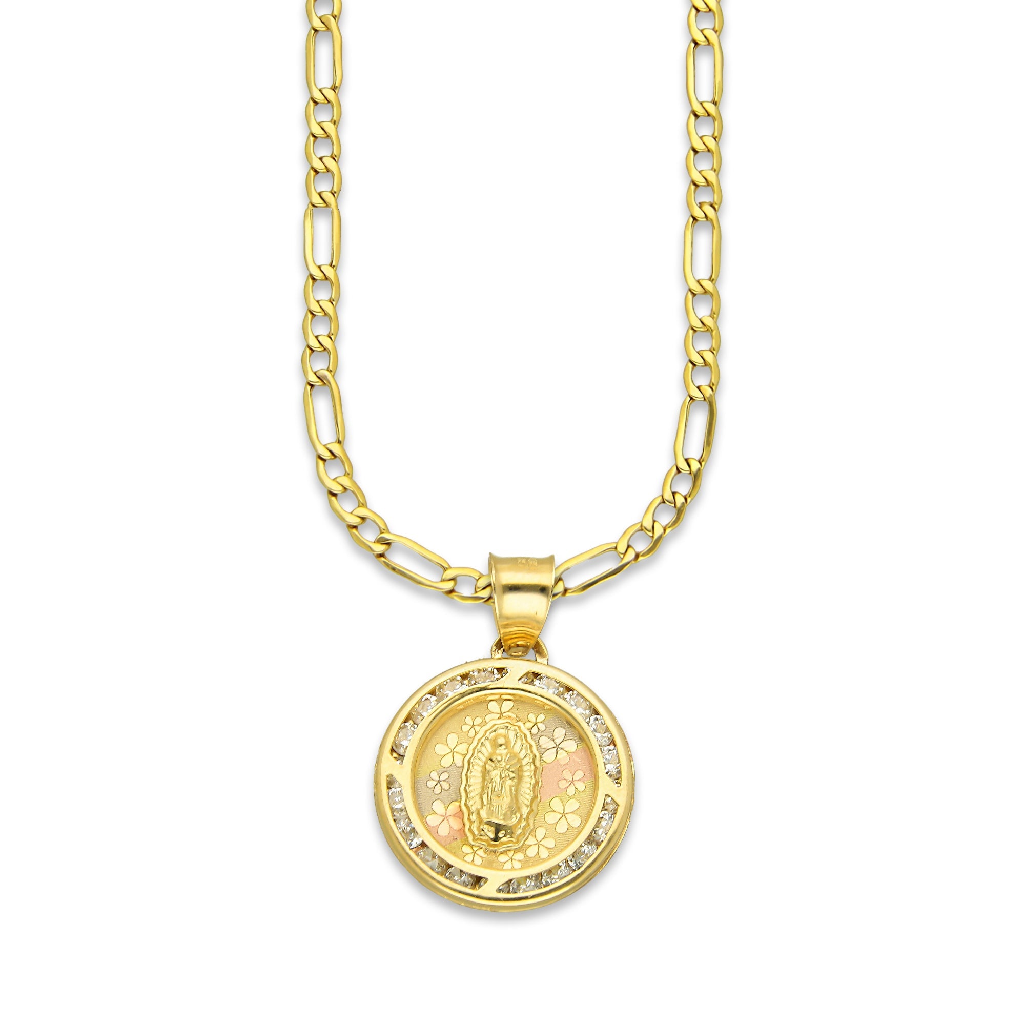 LPDPAU012 Cadena Oro Sólido 10K + Dije Medalla Oro Sólido 10K Virgen Redonda con Zirconias Flores Florentino 1.6 cm x 2.2 cm
