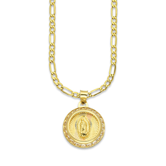LPDPAU013 Cadena Oro Sólido 10K + Dije Medalla Oro Sólido 10K Virgen Redonda con Zirconias Radial Florentino 1.5 cm x 2.1 cm
