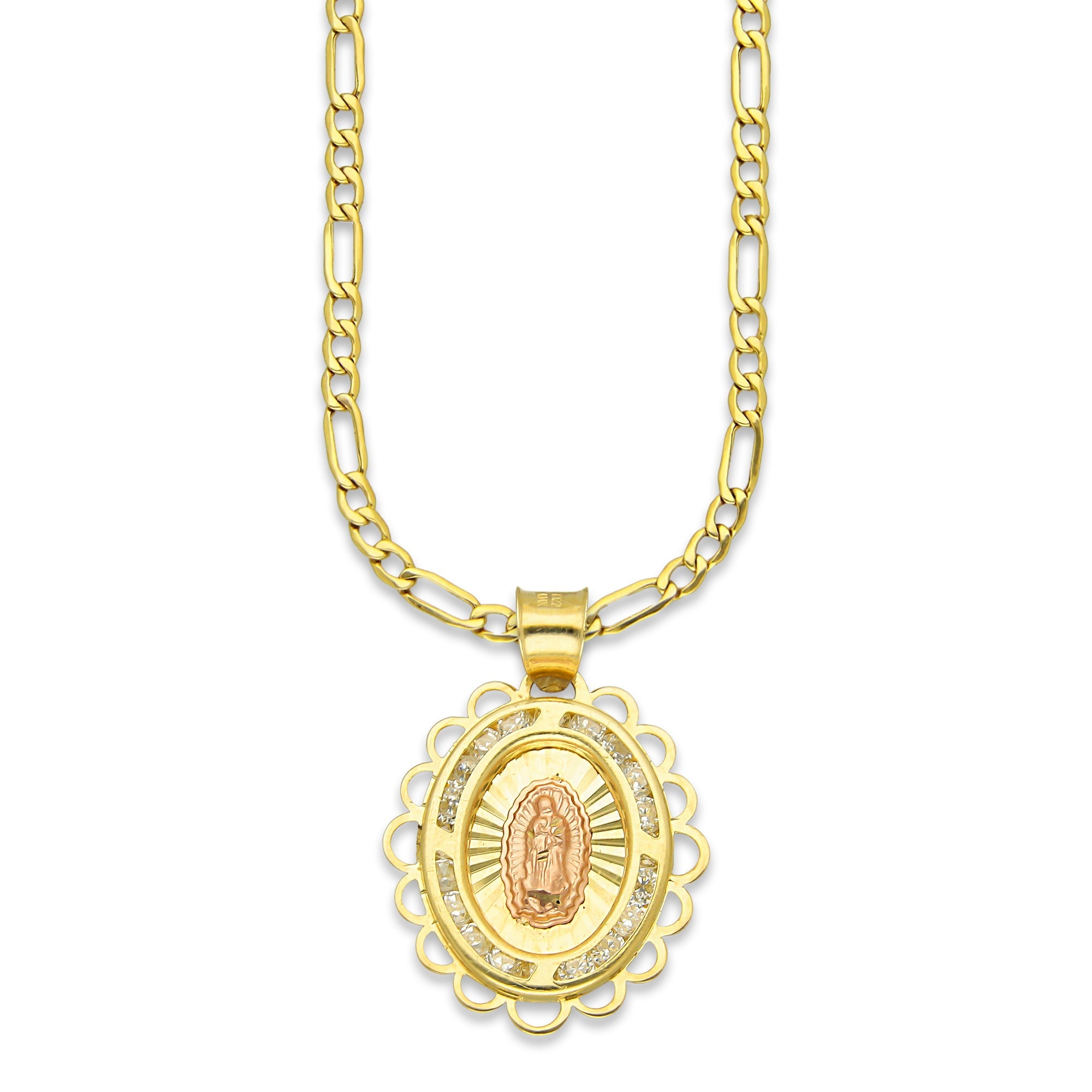 LPDPAU014 Cadena Oro Sólido 10K + Dije Medalla Oro Sólido 10K Virgen Oval con Zirconias Olan Cobriso 1.8 cm x 2.6 cm