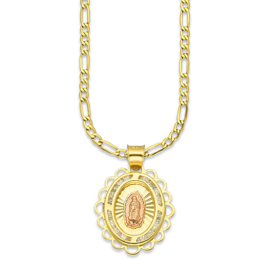 LPDPAU014 Cadena Oro Sólido 10K + Dije Medalla Oro Sólido 10K Virgen Oval con Zirconias Olan Cobriso 1.8 cm x 2.6 cm