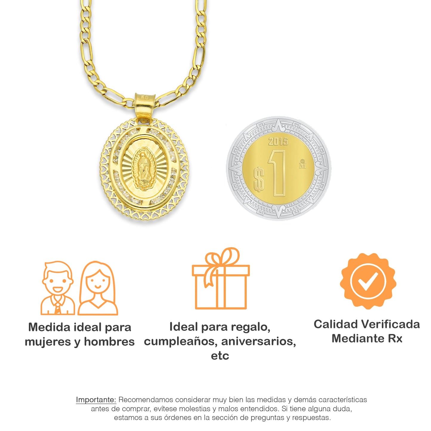 LPDPAU015 Cadena Oro Sólido 10K + Dije Medalla Oro Sólido 10K Virgen Oval Olan con Zirconias Orilla Corazones 1.7 cm x 2.6 cm