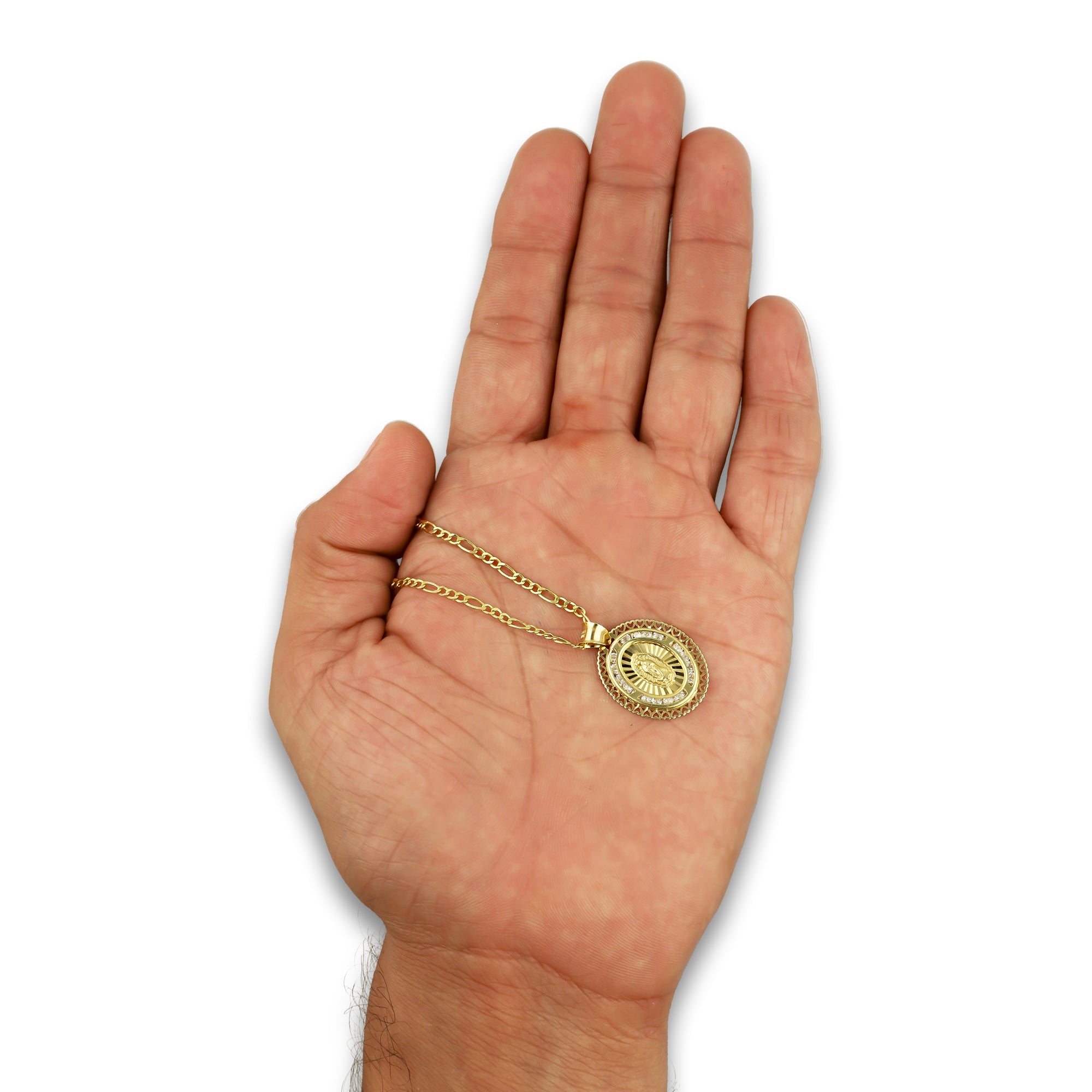 LPDPAU015 Cadena Oro Sólido 10K + Dije Medalla Oro Sólido 10K Virgen Oval Olan con Zirconias Orilla Corazones 1.7 cm x 2.6 cm