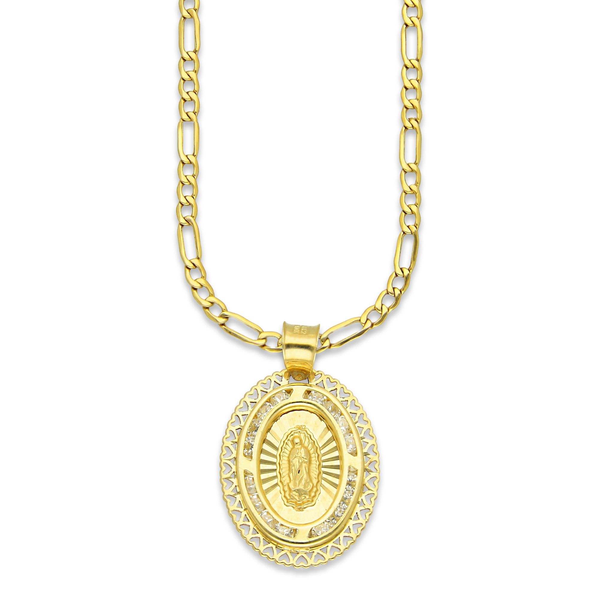 LPDPAU015 Cadena Oro Sólido 10K + Dije Medalla Oro Sólido 10K Virgen Oval Olan con Zirconias Orilla Corazones 1.7 cm x 2.6 cm
