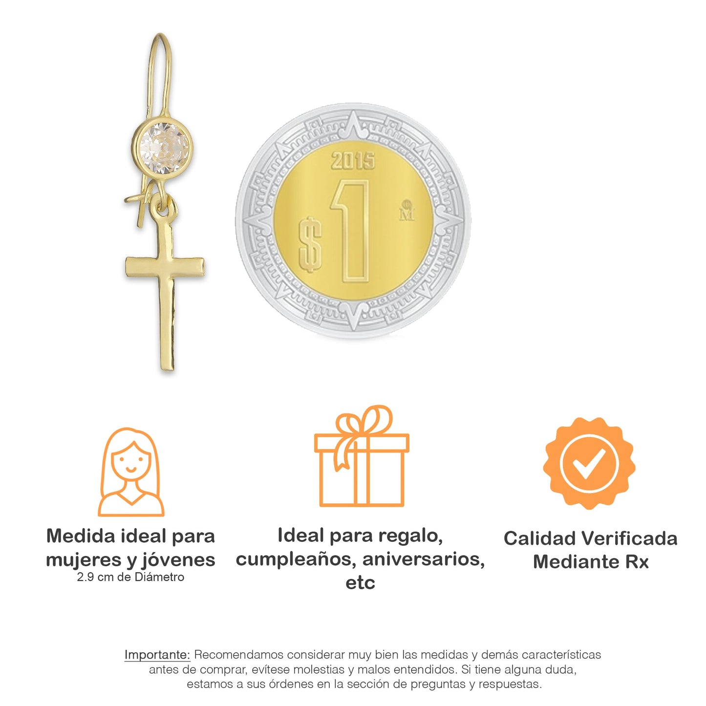 LPEAR001 Arete Arillo Oro Sólido 10K Modelo Cruz Colgante con Zirconia Blanca 2530958513