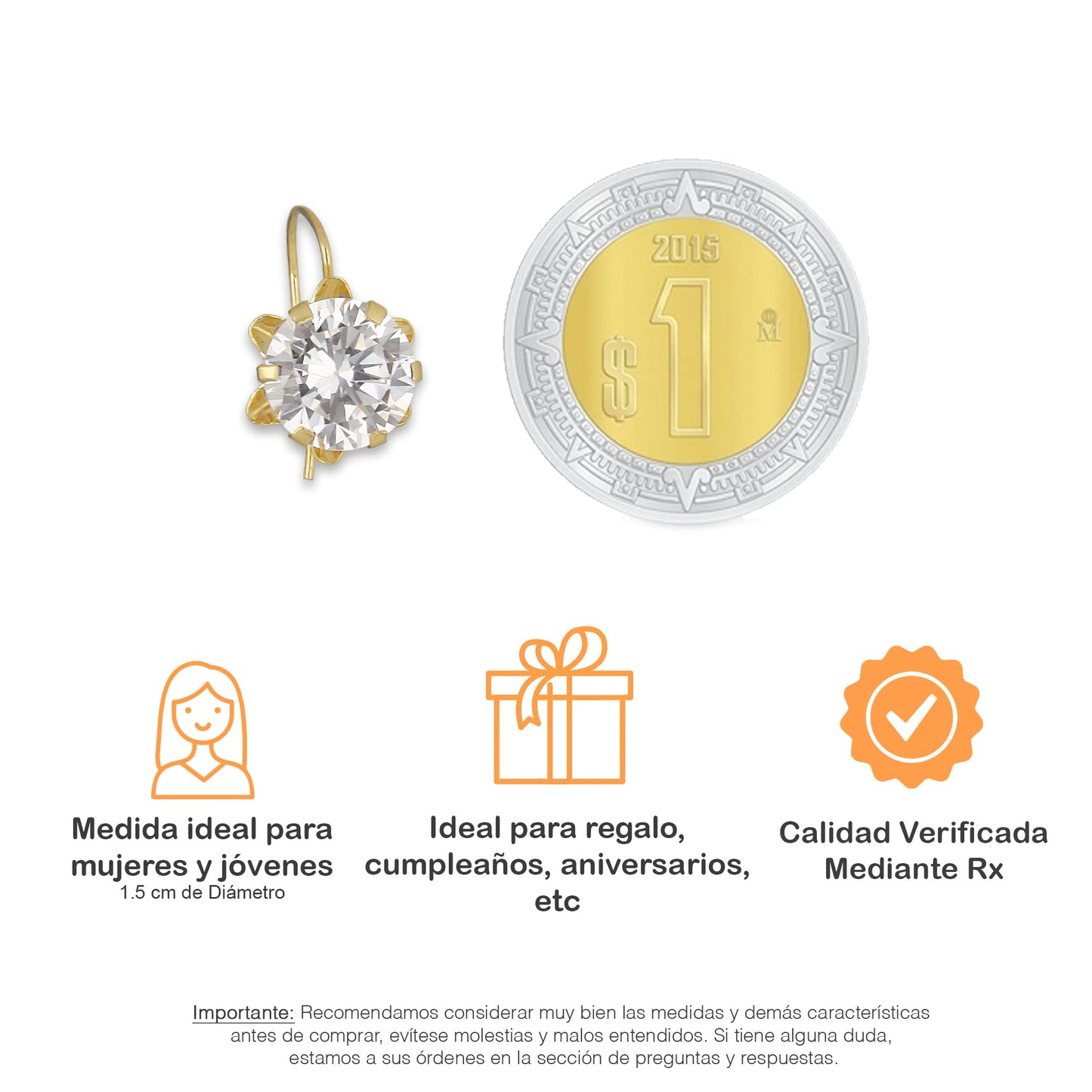 LPEAR004 Arete Arillo Oro Sólido 10K Modelo Zirconia Blanca 9 mm Redonda Base Flor 4286560976