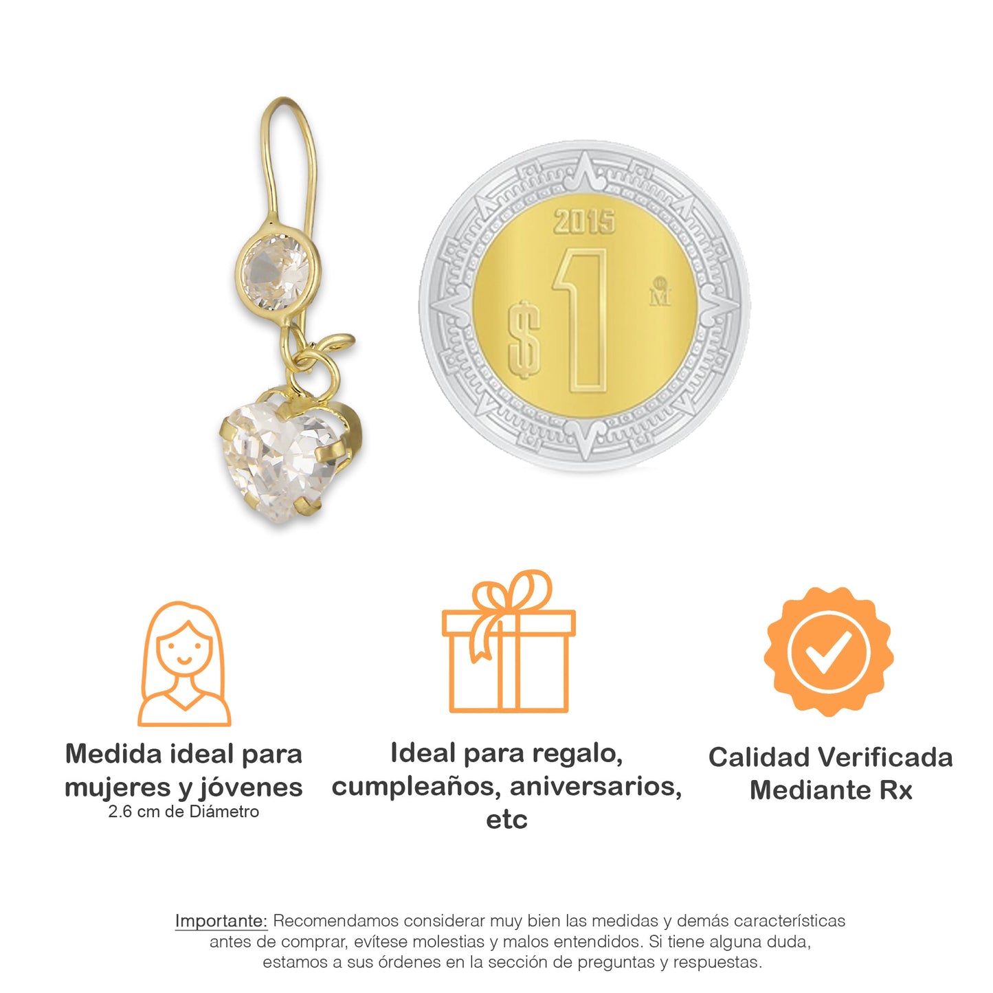 LPEAR005 Arete Arillo Oro Sólido 10K Modelo Corazón de Zirconia Blanca Colgante 2531023059