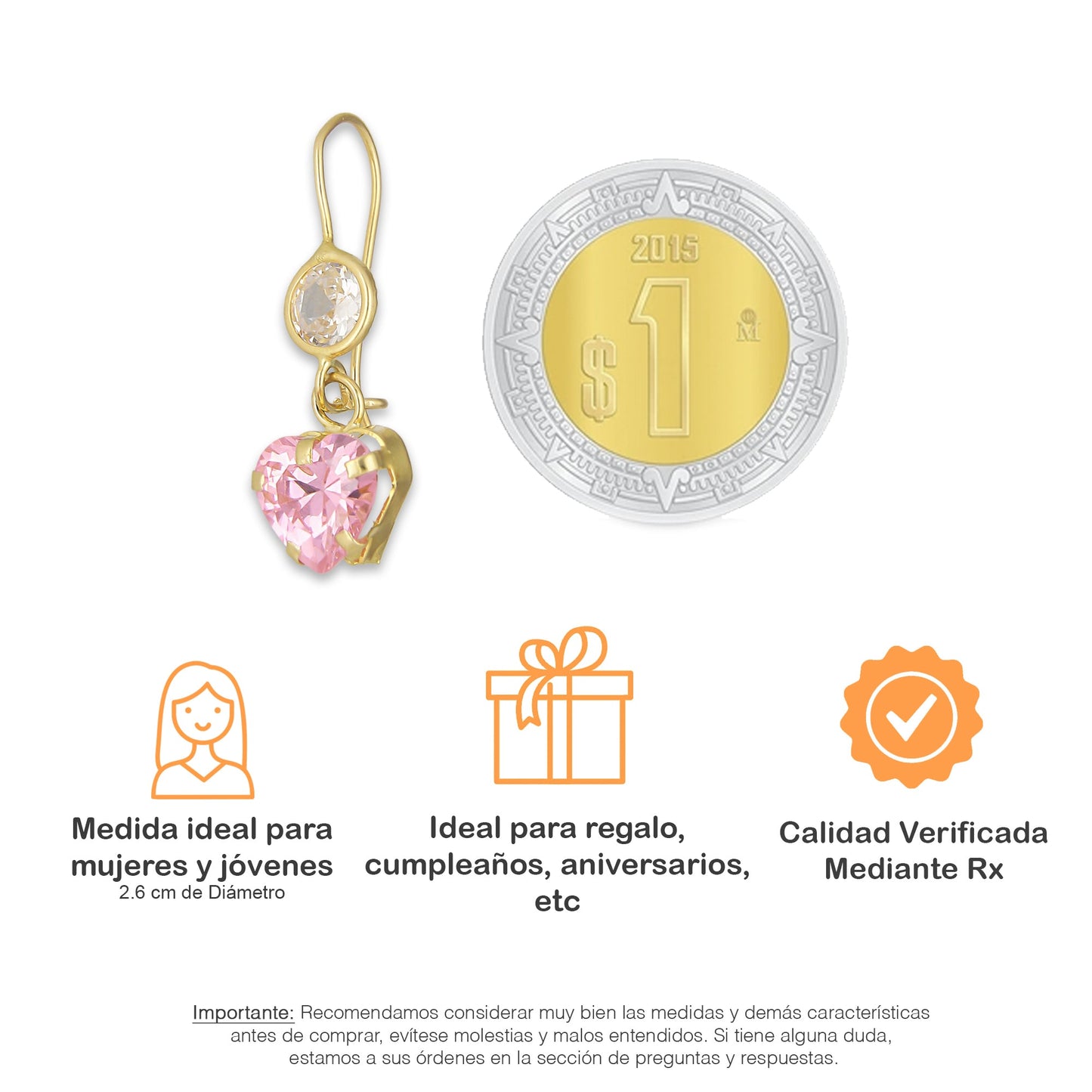 LPEAR006 Arete Arillo Oro Sólido 10K Modelo Corazón de Zirconia Rosa Colgante 2531074521