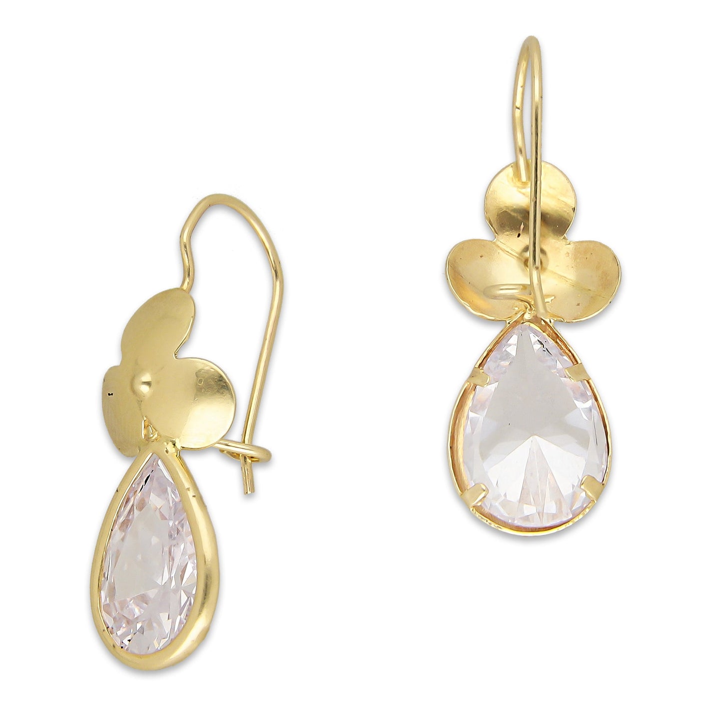 LPEAR007 Arete Arillo Oro Sólido 10K Modelo Trébol con Zirconia de Gota Blanca 2530984167