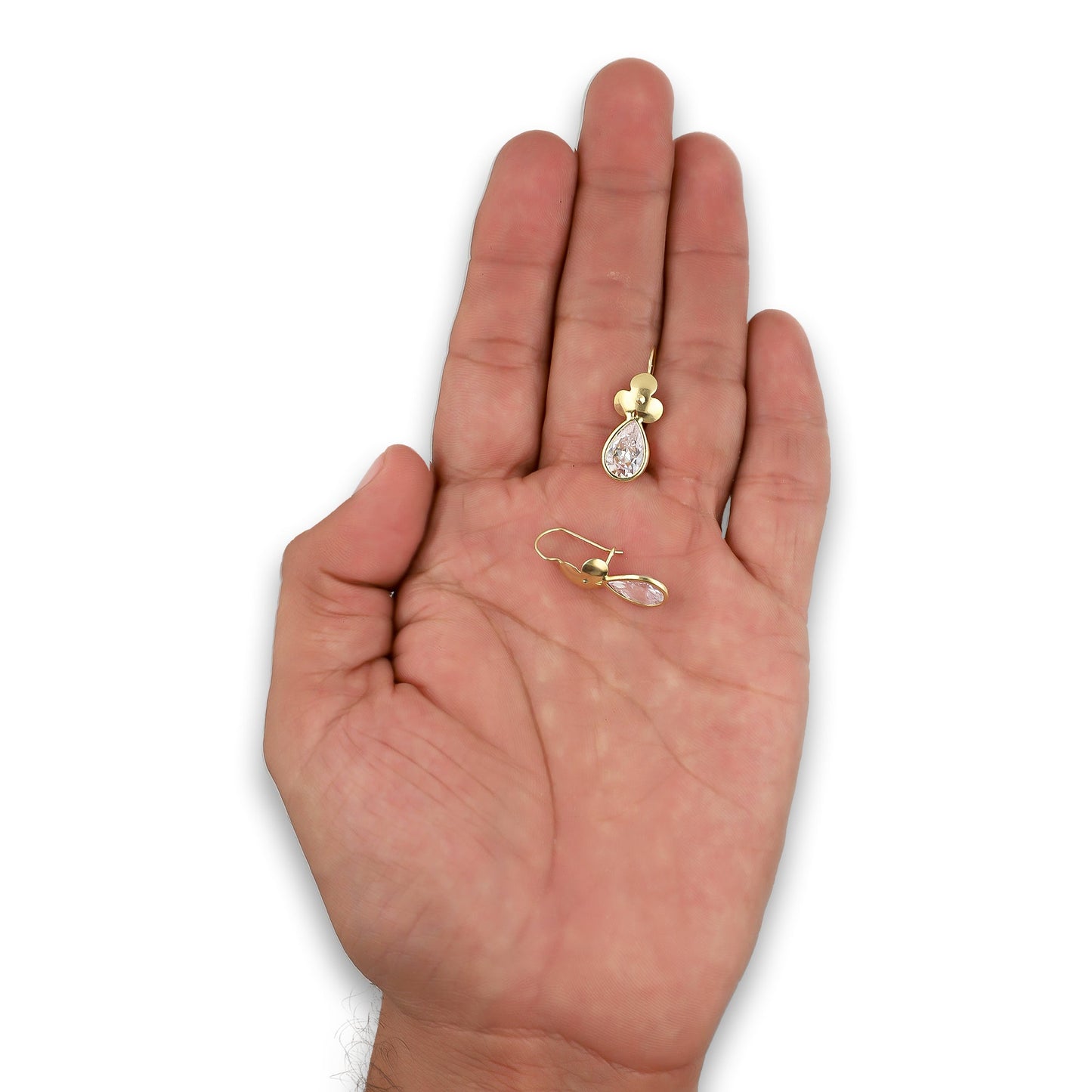 LPEAR007 Arete Arillo Oro Sólido 10K Modelo Trébol con Zirconia de Gota Blanca 2530984167