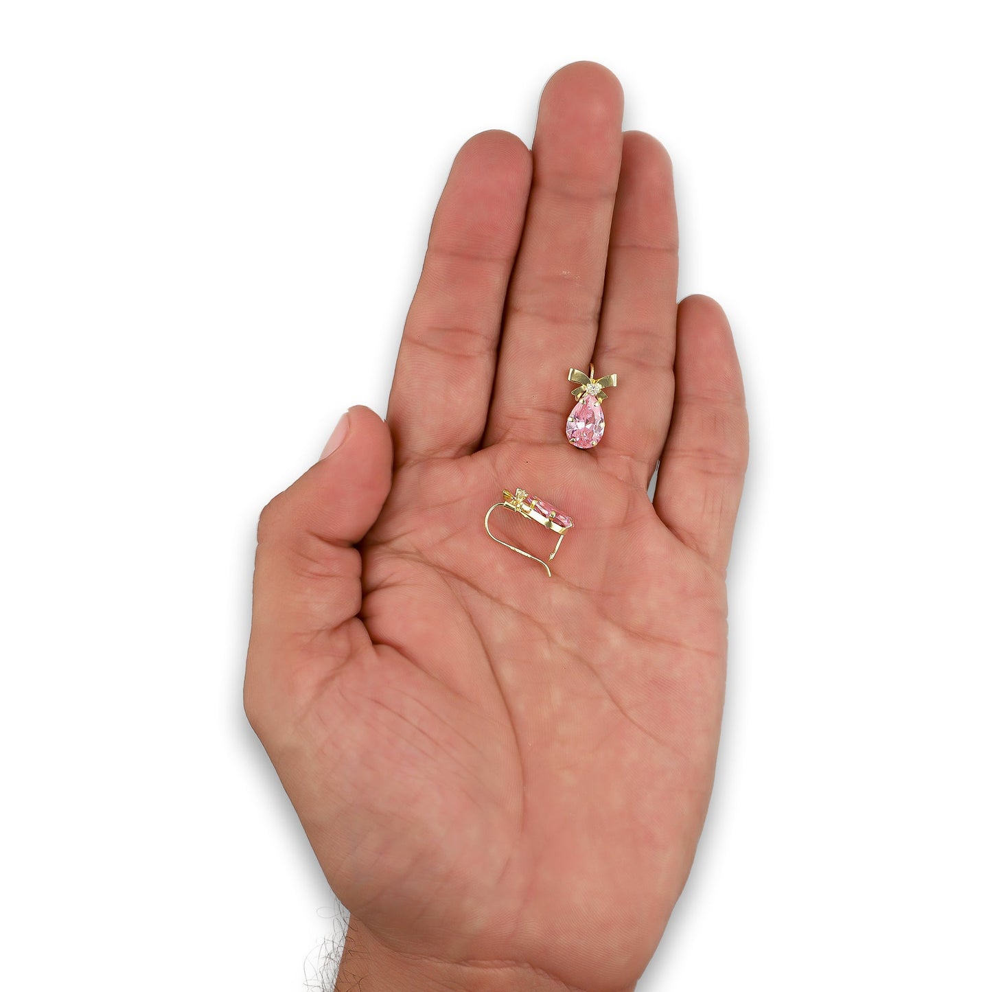 LPEAR009 Arete Arillo Oro Sólido 10K Modelo Moñito con Zirconia de Gota Rosa 2531139165