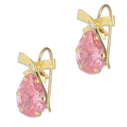 LPEAR009 Arete Arillo Oro Sólido 10K Modelo Moñito con Zirconia de Gota Rosa 2531139165