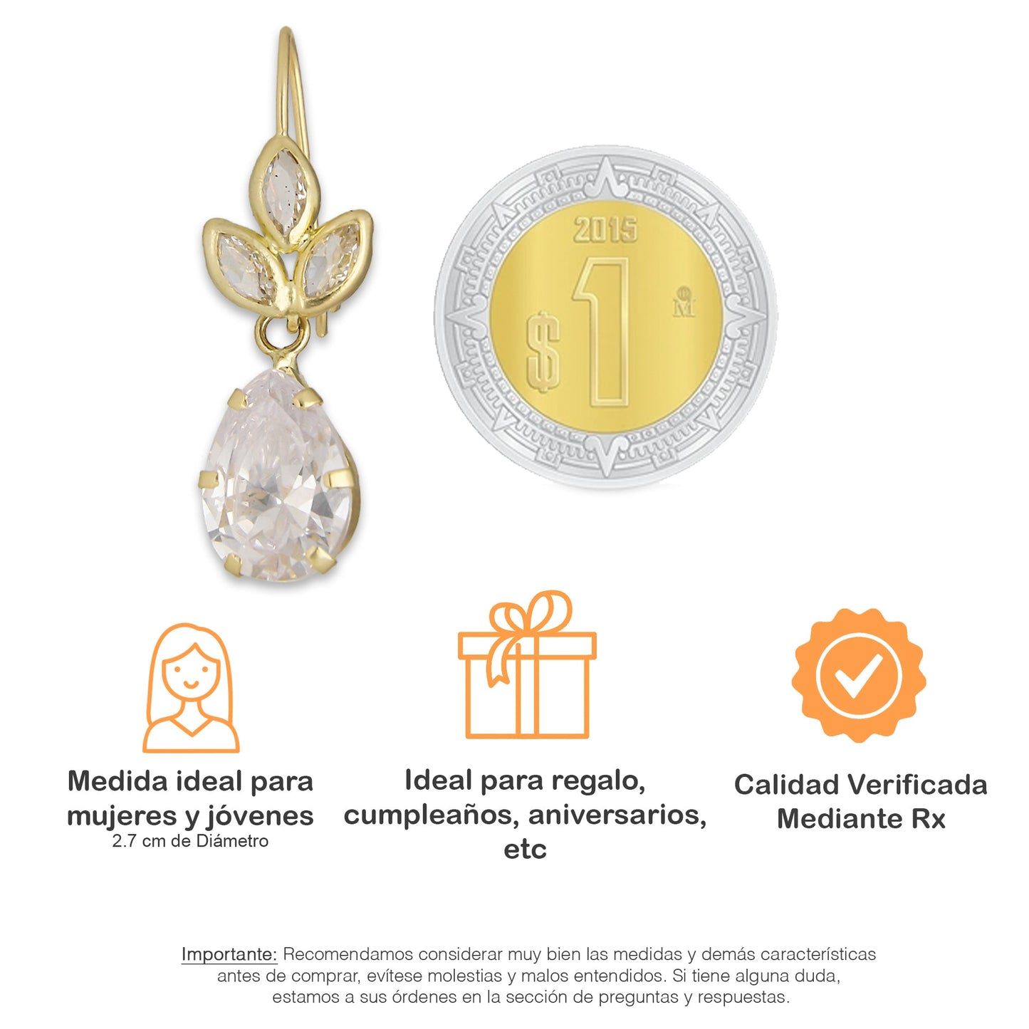 LPEAR010 Arete Arillo Oro Sólido 10K Modelo 3 Hojitas con Zirconia de Gota Blanca 2530971063