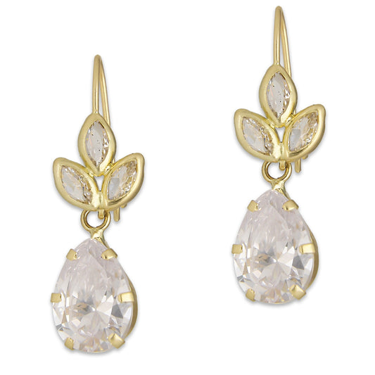 LPEAR010 Arete Arillo Oro Sólido 10K Modelo 3 Hojitas con Zirconia de Gota Blanca 2530971063