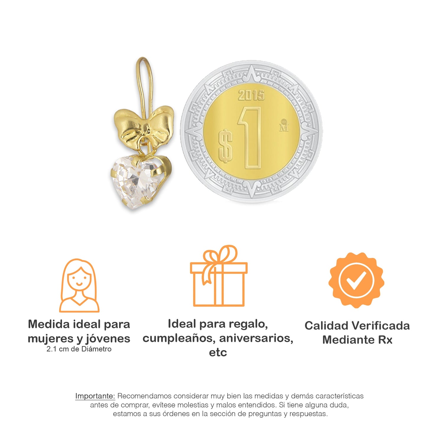 LPEAR013 Arete Arillo Oro Sólido 10K Modelo Moñito Troquelado con Zirconia Blanca Corazón Colgante 2531048877