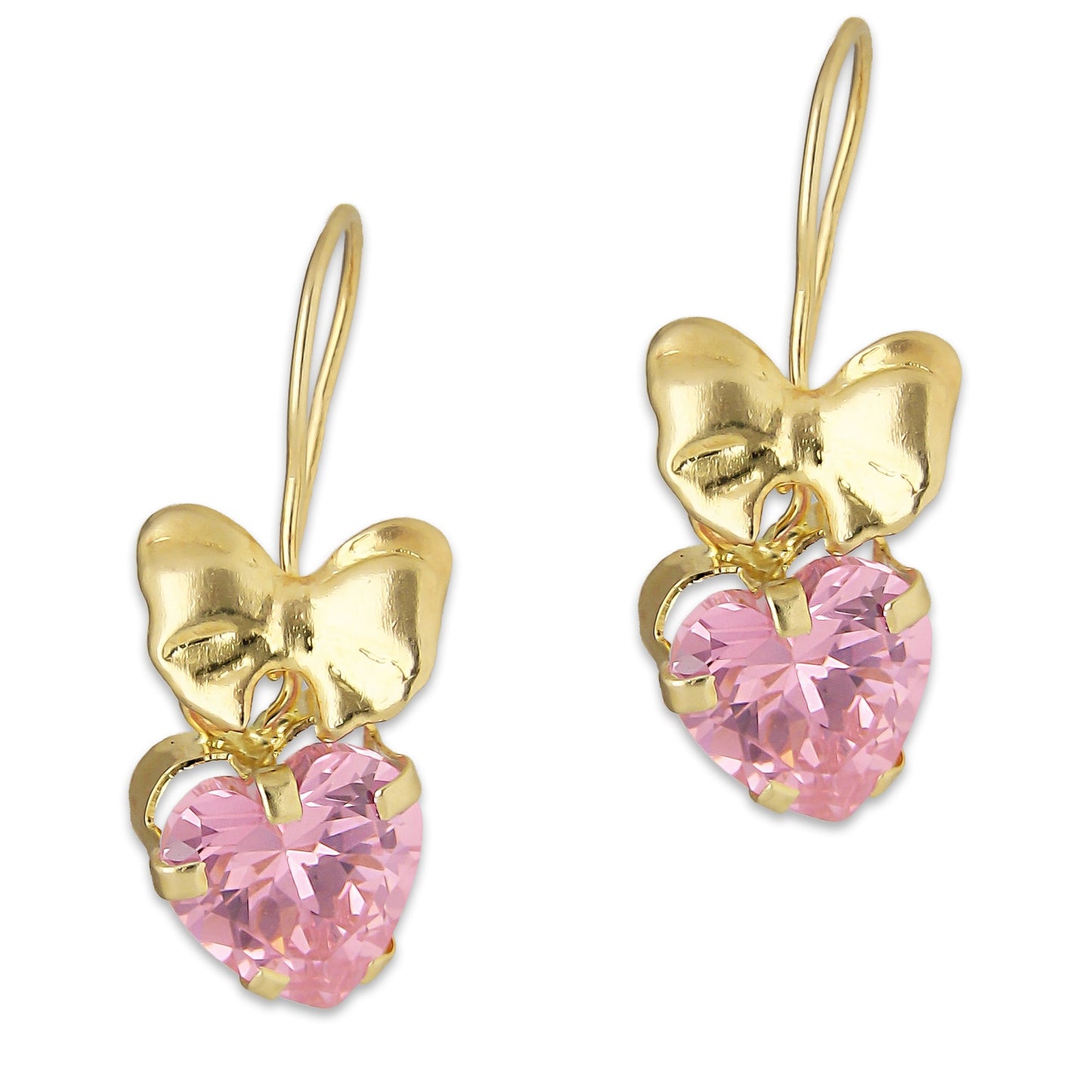 LPEAR014 Arete Arillo Oro Sólido 10K Modelo Moñito Troquelado con Zirconia Rosa Corazón Colgante 2530984169