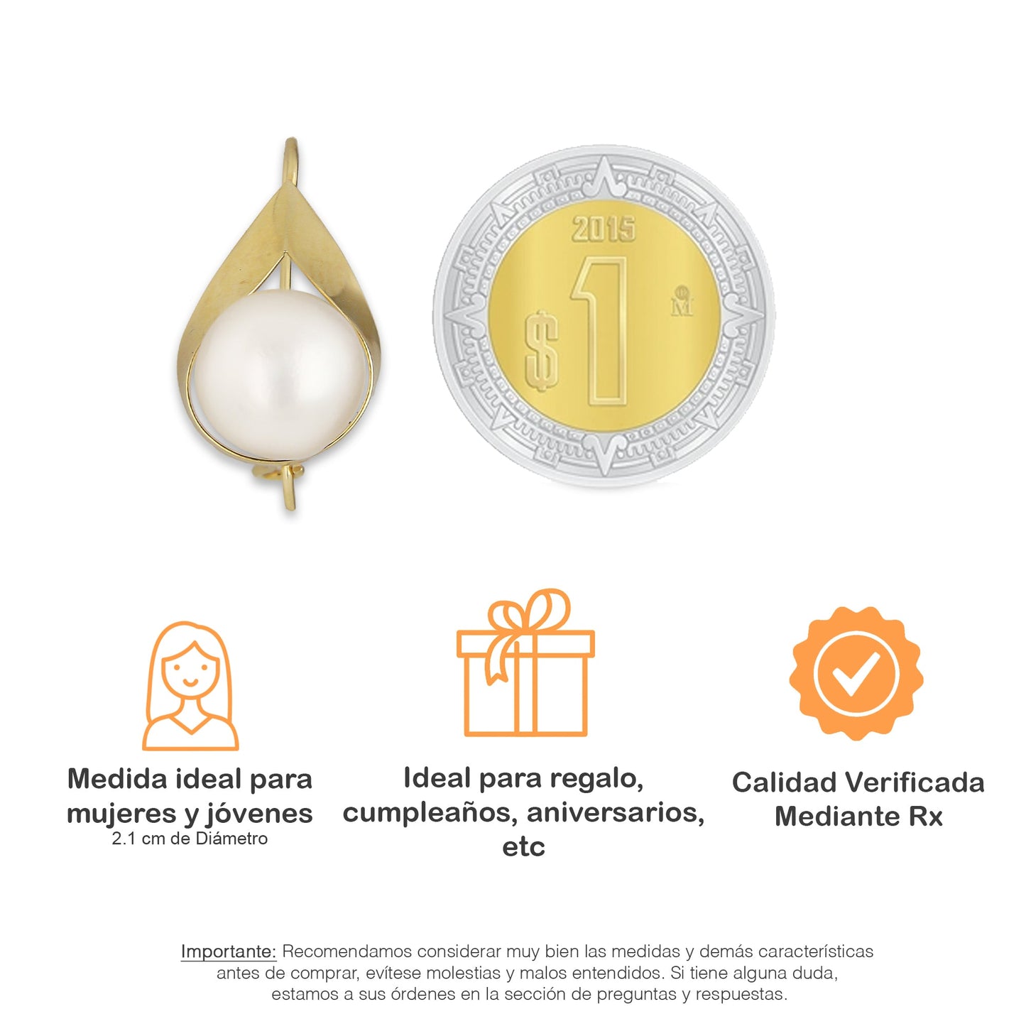 LPEAR015 Arete Arillo Oro Sólido 10K Modelo Gota Lisa con Perla 8 mm 2531187859