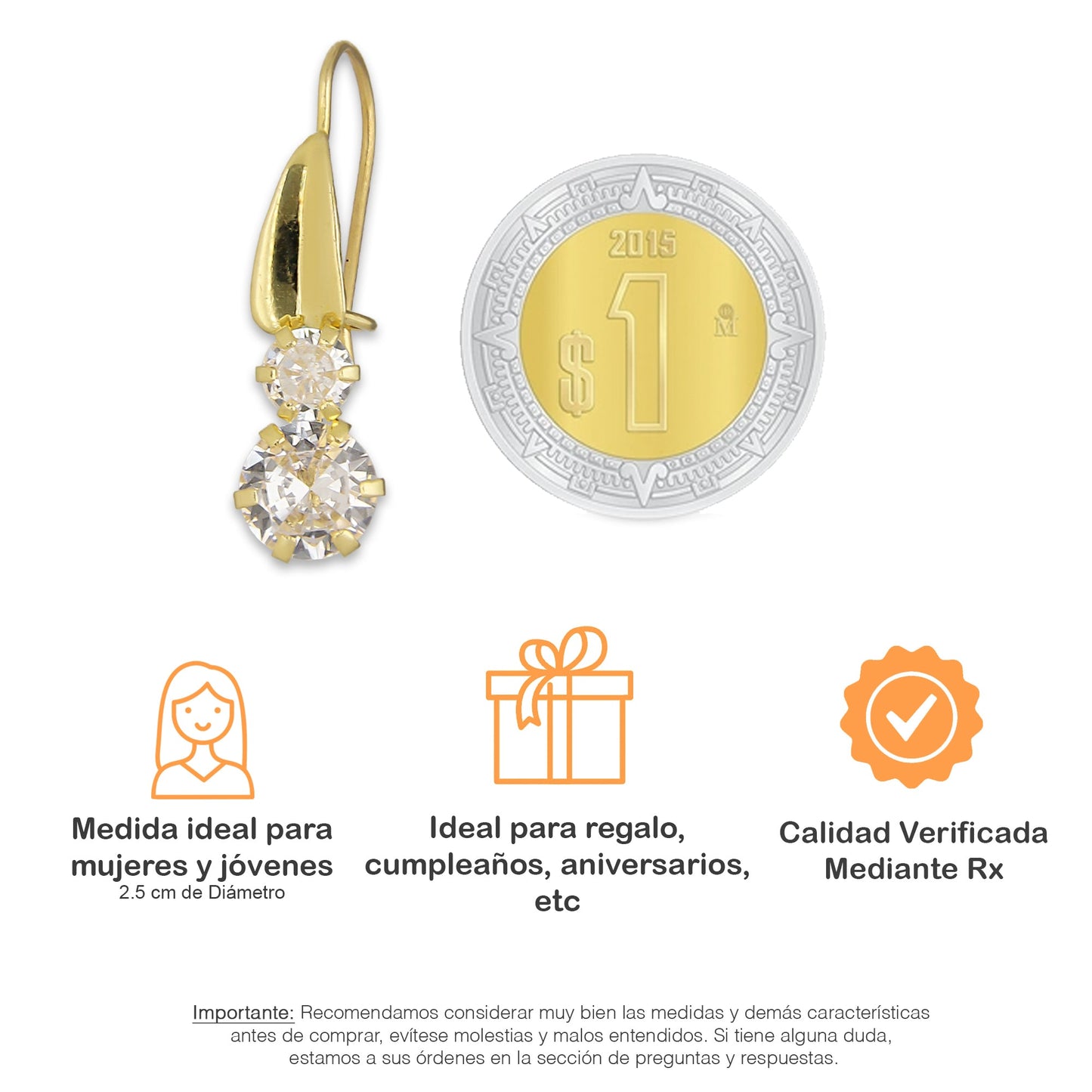 LPEAR016 Arete Arillo Oro Sólido 10K Modelo Hojita Triangular con 2 Zirconias Blancas Colgantes 2531187855