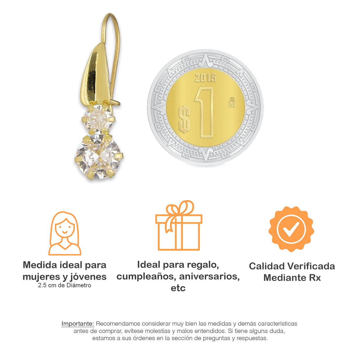 LPEAR016 Arete Arillo Oro Sólido 10K Modelo Hojita Triangular con 2 Zirconias Blancas Colgantes 2531187855