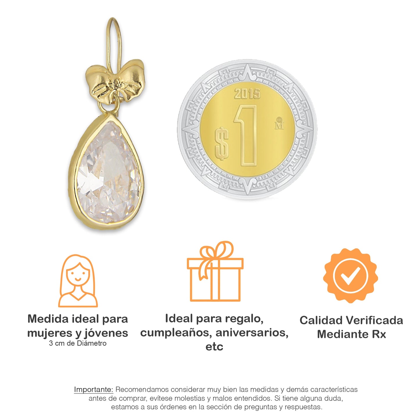 LPEAR017 Arete Arillo Oro Sólido 10K Modelo Moñito Troquelado con Gota de Zirconia Blanca Colgante 2530958523