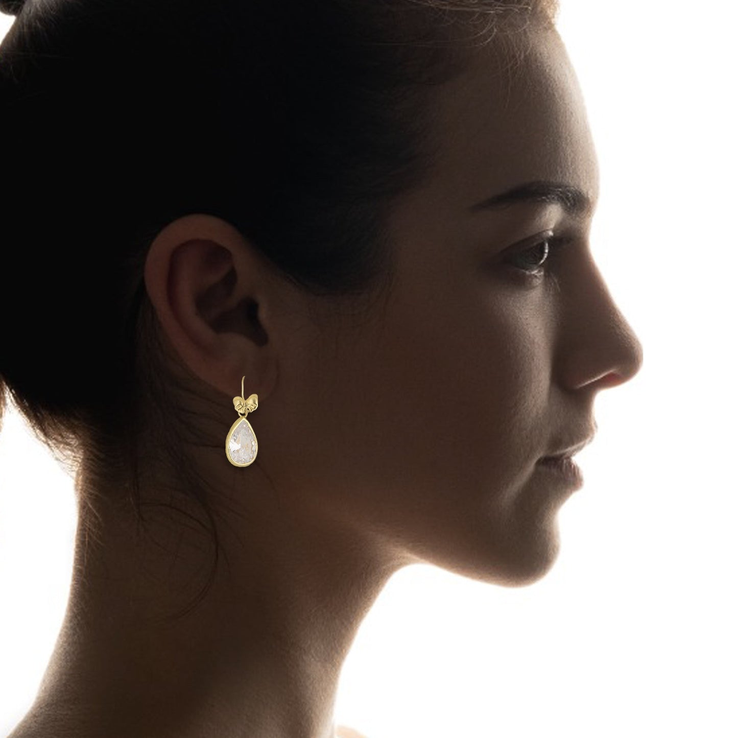 LPEAR017 Arete Arillo Oro Sólido 10K Modelo Moñito Troquelado con Gota de Zirconia Blanca Colgante 2530958523