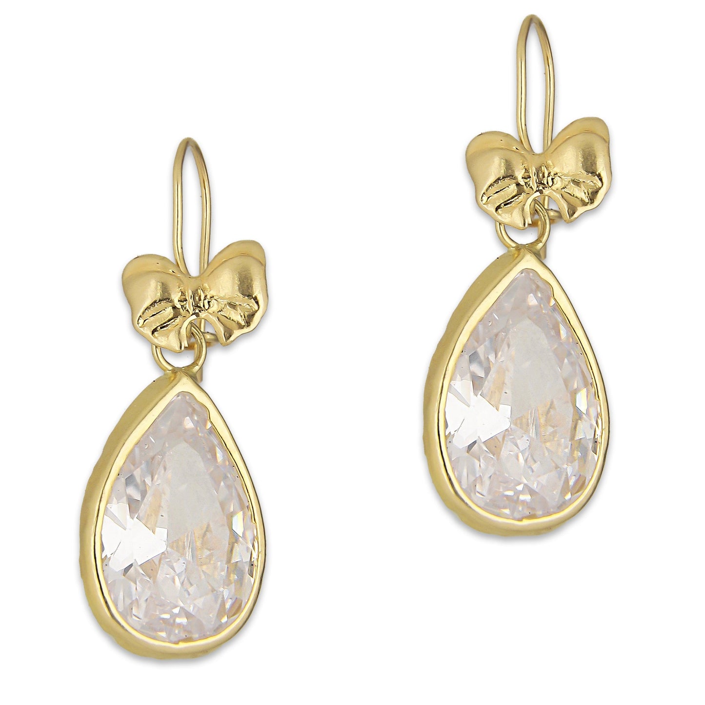 LPEAR017 Arete Arillo Oro Sólido 10K Modelo Moñito Troquelado con Gota de Zirconia Blanca Colgante 2530958523